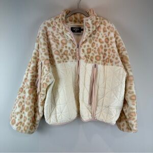 Ugg Beige Pink Leopard Marlene Quilted Sherpa Fleece Full Zip Jacket Size Medium
